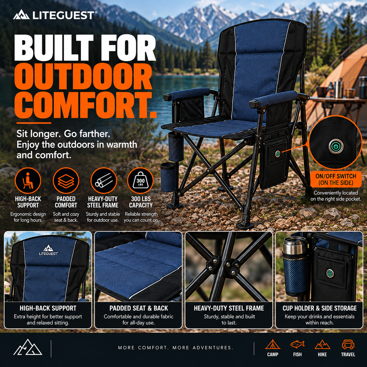LITEGUEST Heated Camping Chair | USB Heated Folding Chair