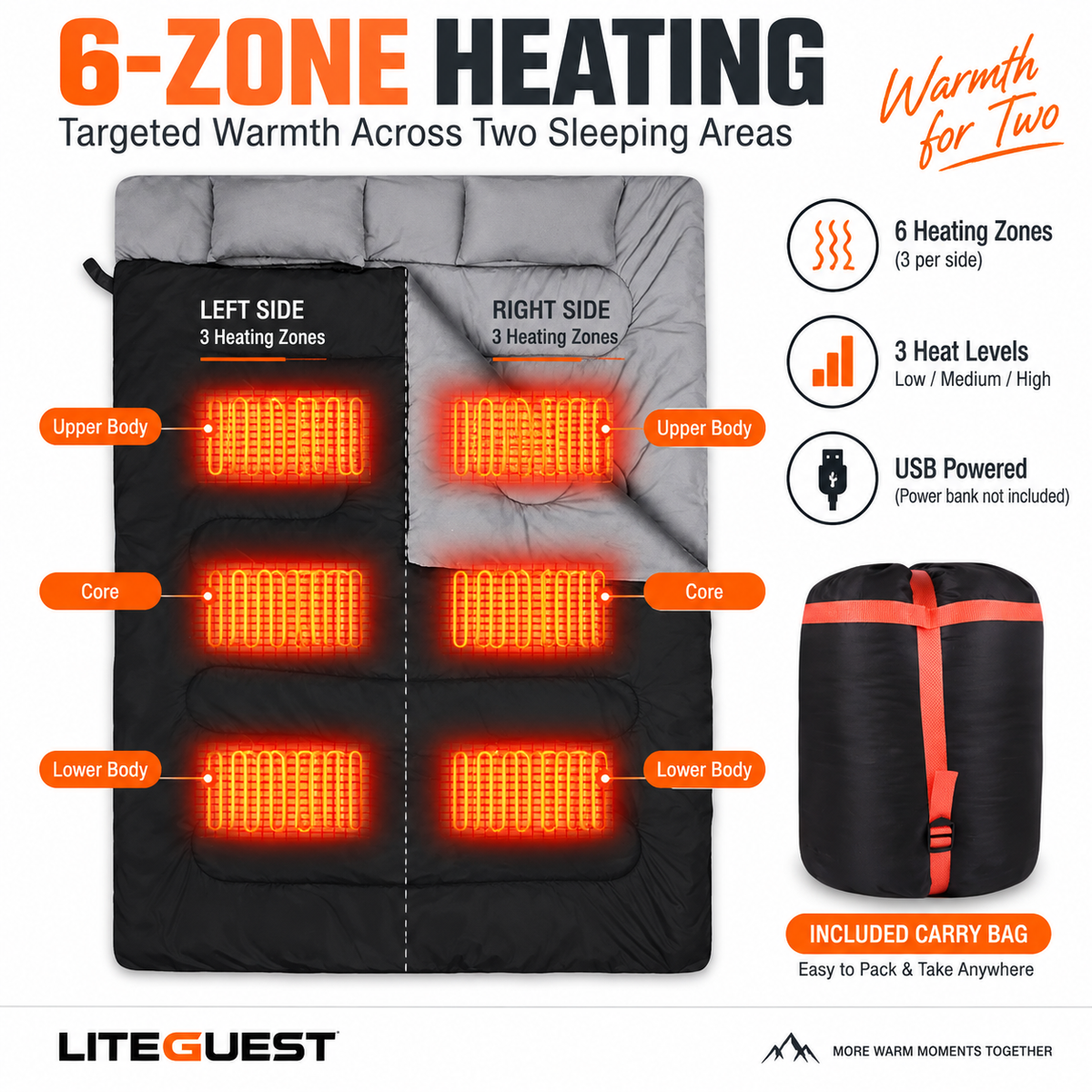 LITEGUEST Heated 2-Person Sleeping Bag | Double Camping Sleeping Bag