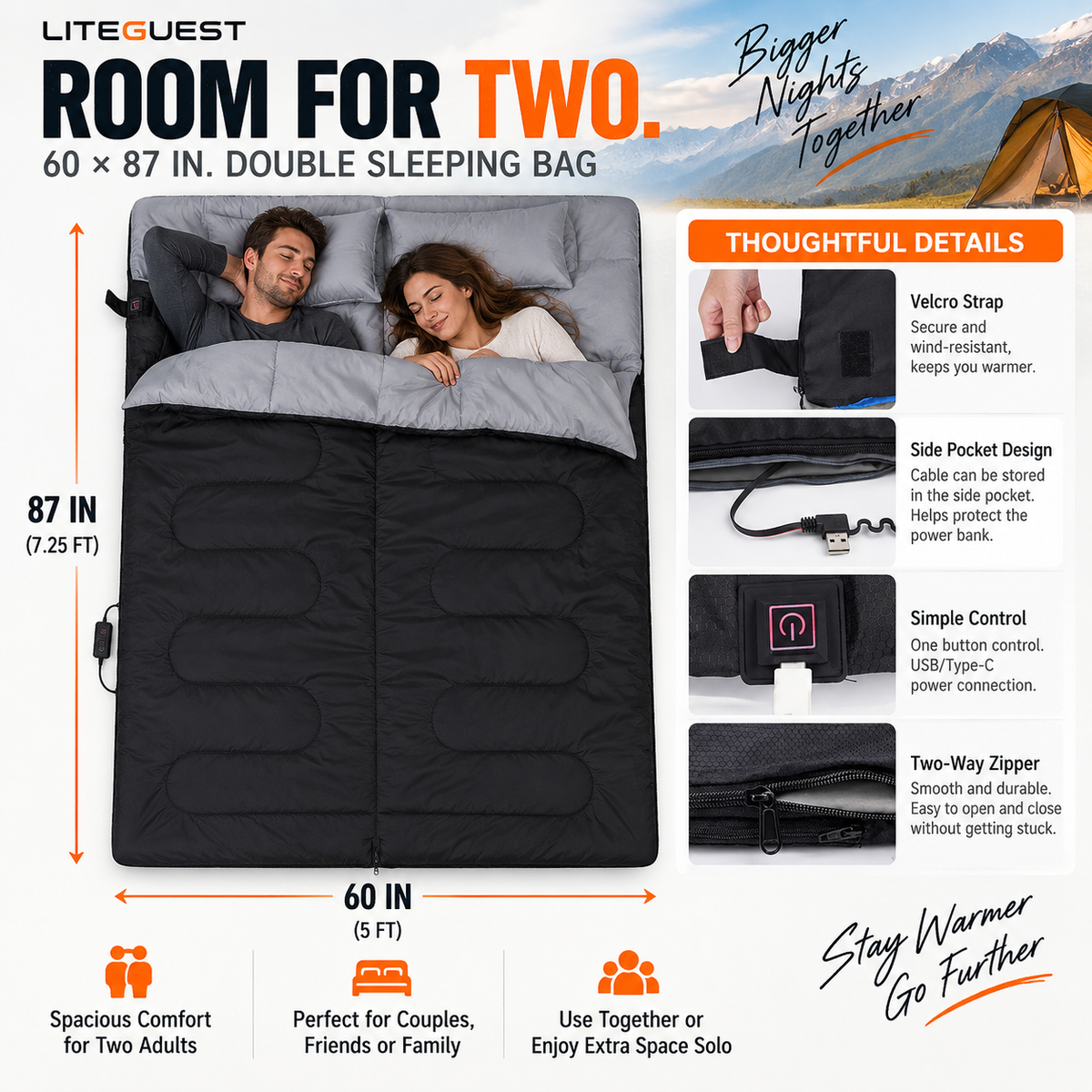LITEGUEST Heated 2-Person Sleeping Bag | Double Camping Sleeping Bag