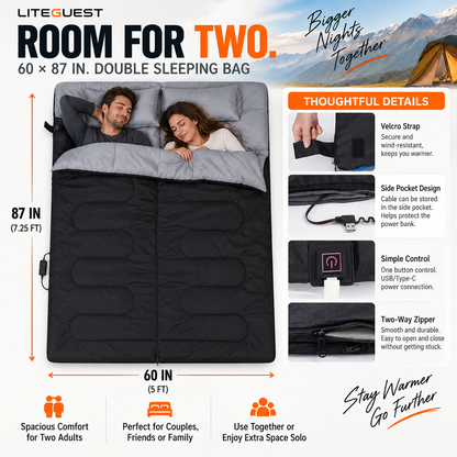 LITEGUEST Heated 2-Person Sleeping Bag | Double Camping Sleeping Bag