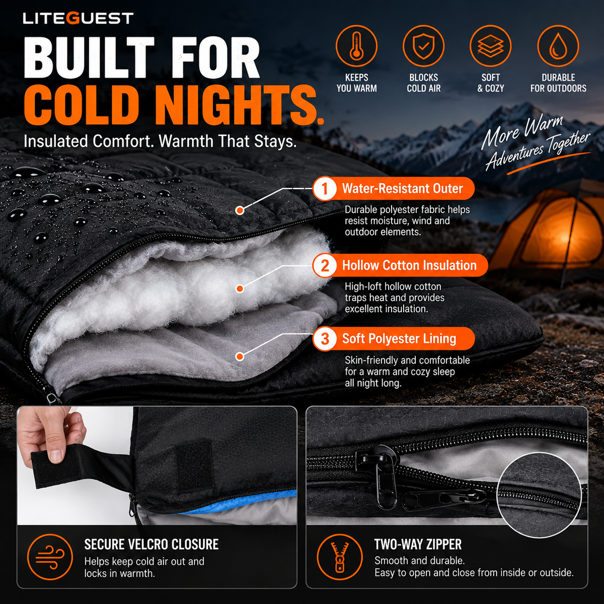 LITEGUEST Heated 2-Person Sleeping Bag | Double Camping Sleeping Bag