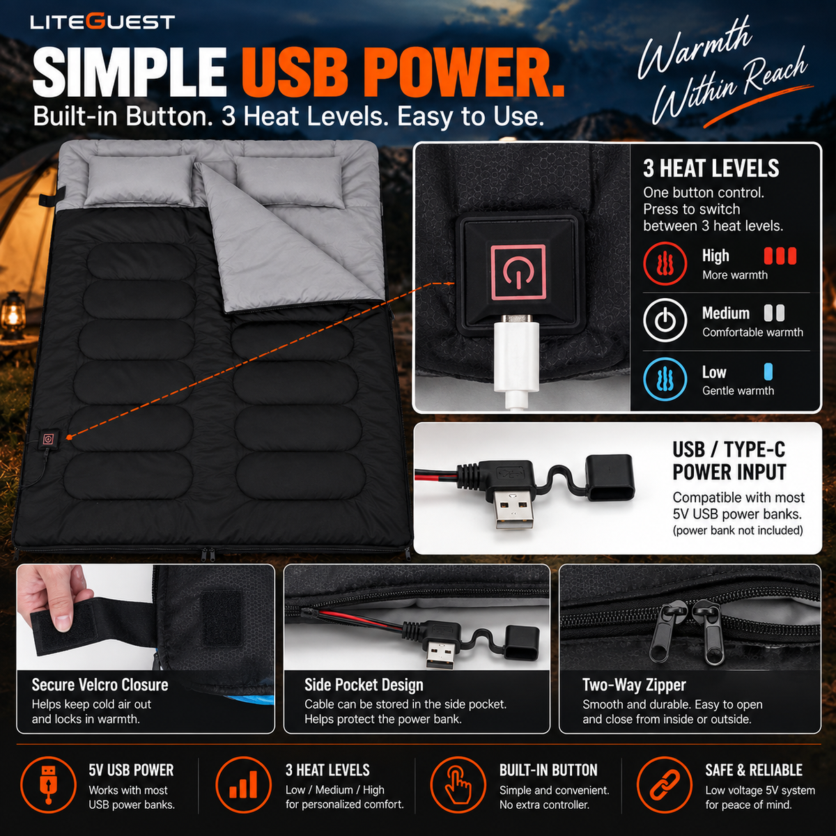 LITEGUEST Heated 2-Person Sleeping Bag | Double Camping Sleeping Bag