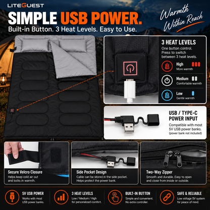 LITEGUEST Heated 2-Person Sleeping Bag | Double Camping Sleeping Bag