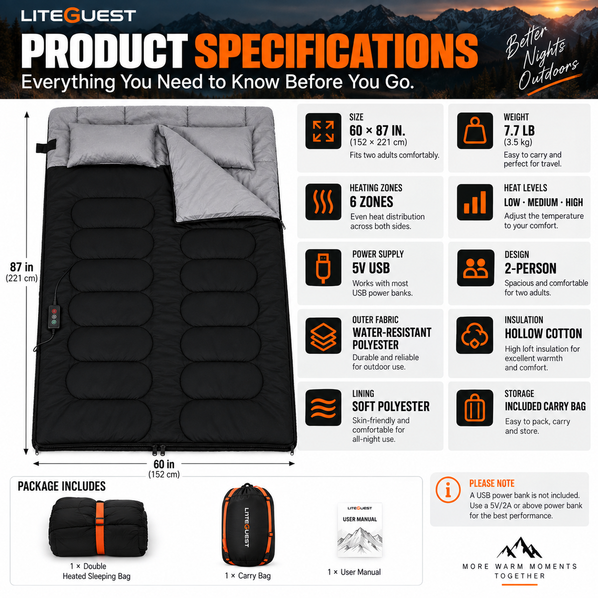 LITEGUEST Heated 2-Person Sleeping Bag | Double Camping Sleeping Bag