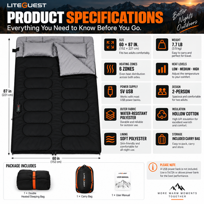 LITEGUEST Heated 2-Person Sleeping Bag | Double Camping Sleeping Bag
