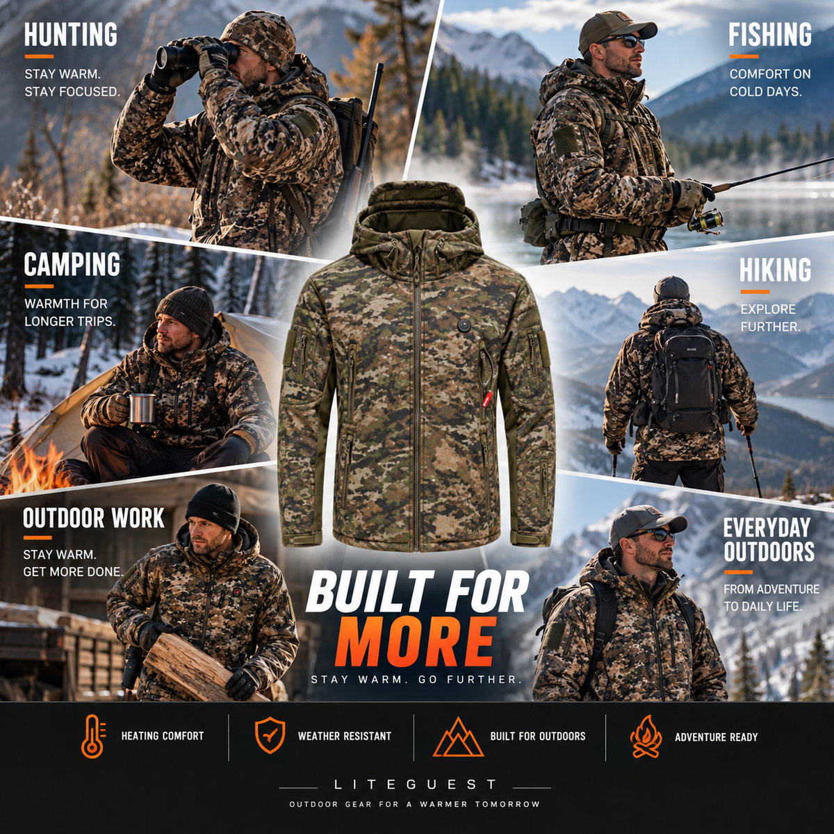 LITEGUEST 7-Zone Heated Camo Jacket Waterproof Outdoor for Winter