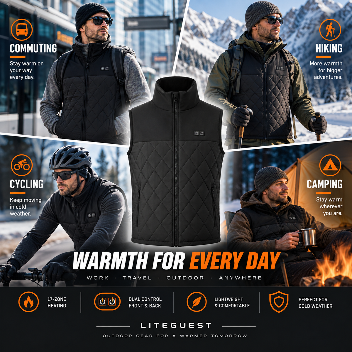 LITEGUEST 17-Zone Dual-Control Heated Vest for Daily Winter Warmth