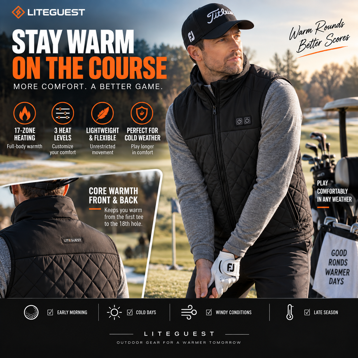 LITEGUEST 17-Zone Dual-Control Heated Vest for Daily Winter Warmth