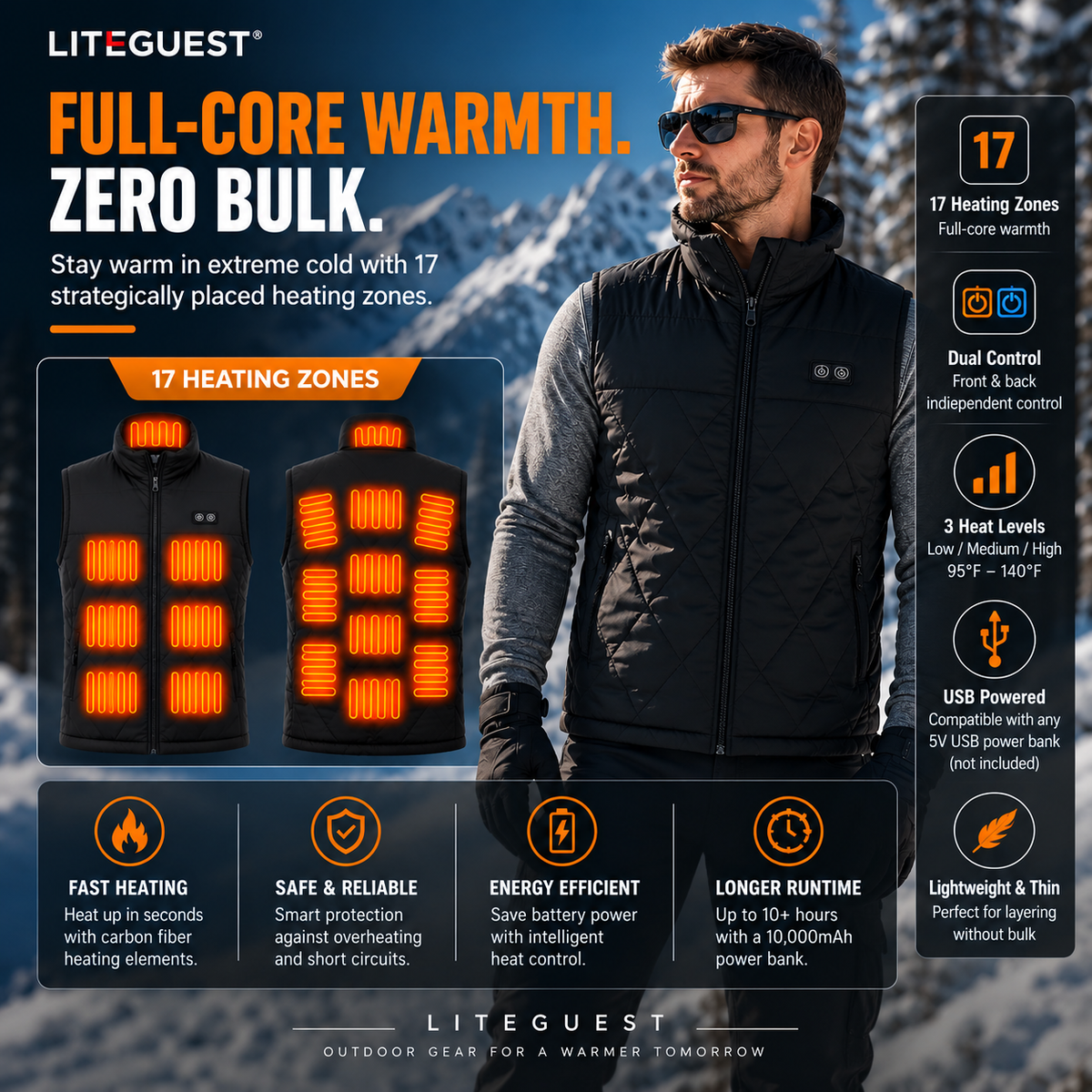 LITEGUEST 17-Zone Dual-Control Heated Vest for Daily Winter Warmth