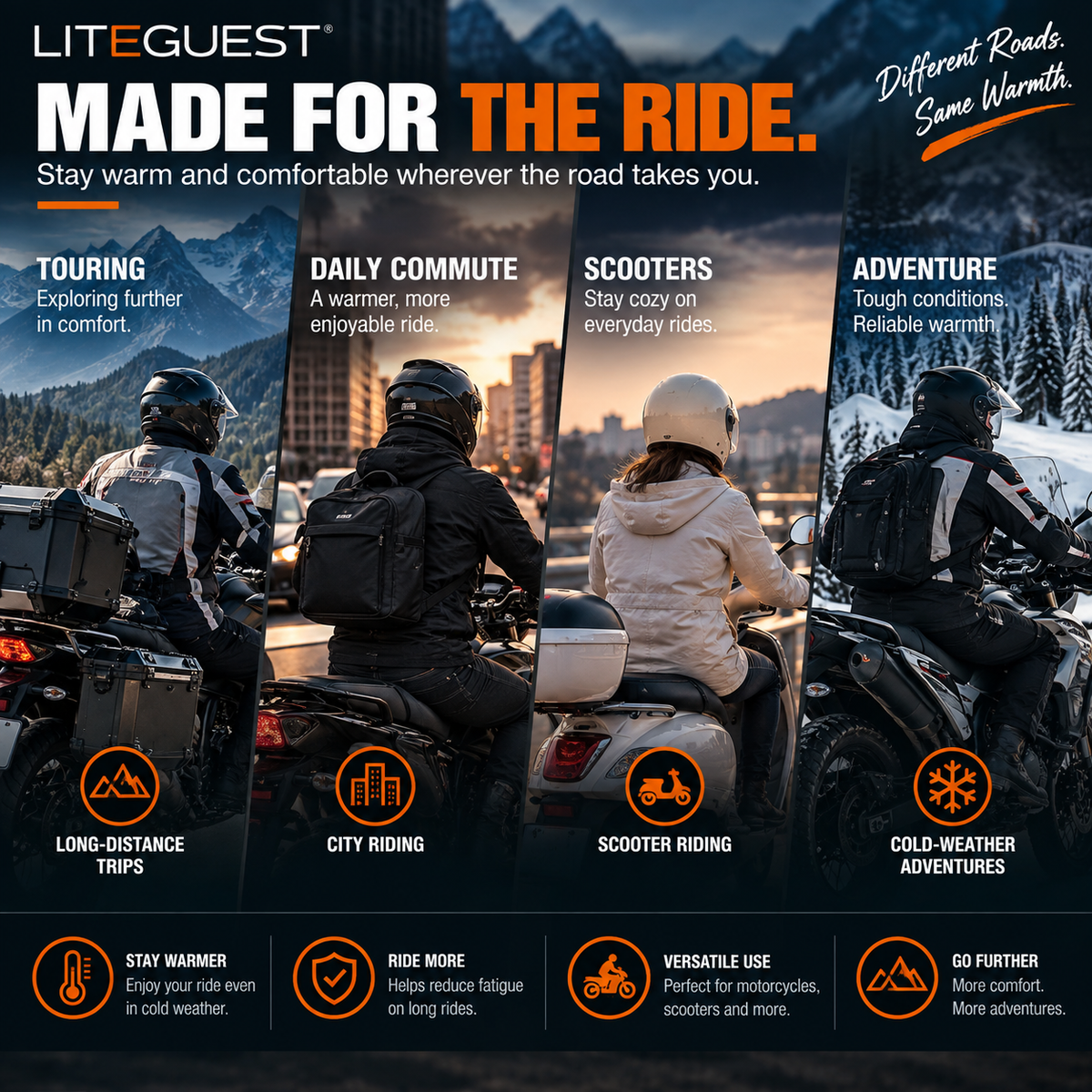 LITEGUEST Heated Motorcycle Seat Cover for Cold Weather Riding