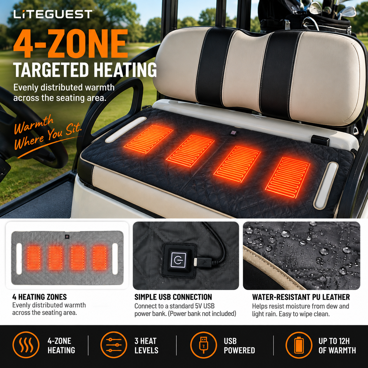 LITEGUEST USB Heated Golf Cart Seat Cushion Winter Warmth Essential