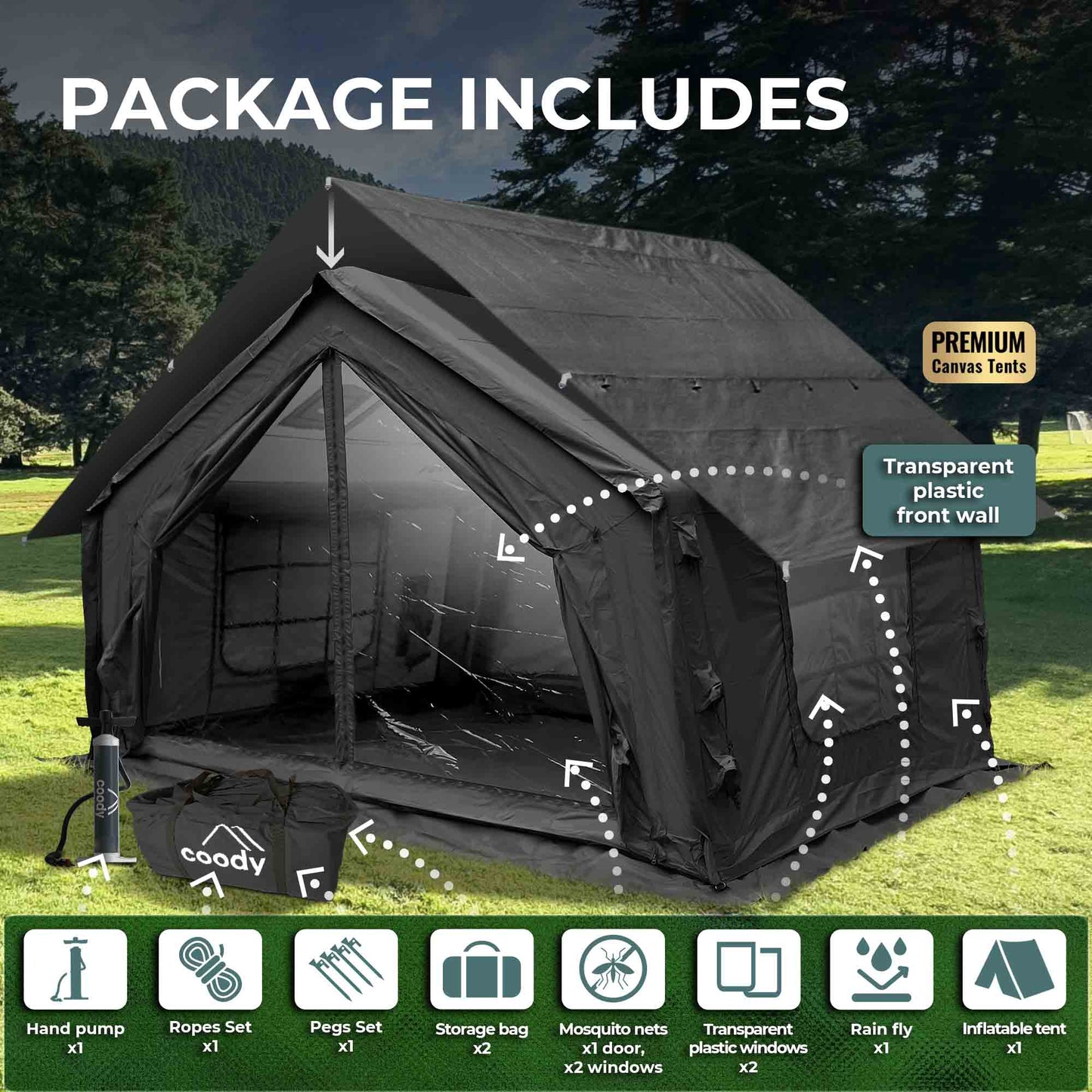 Coody 10 Black + Stove Caminus S - Inflatable Tents with Stove