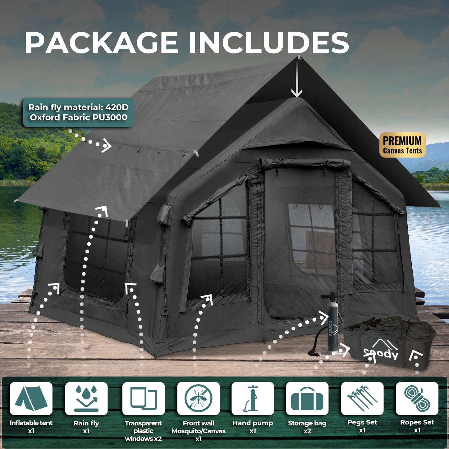 Coody 8 Black - Inflatable Tent House for Camping 1-4 person