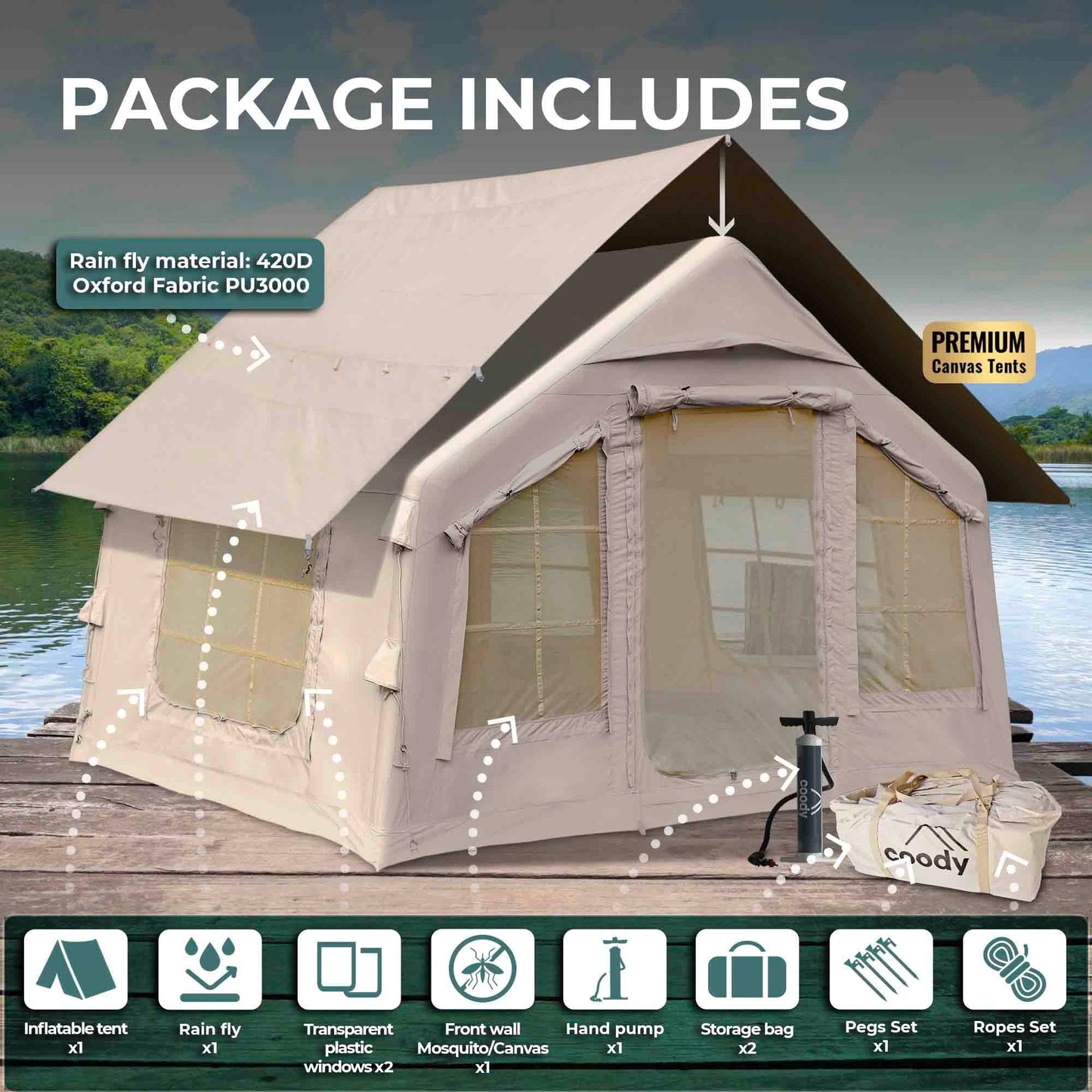 Coody 8 Beige Inflatable Tent House for Camping (1-4 person)