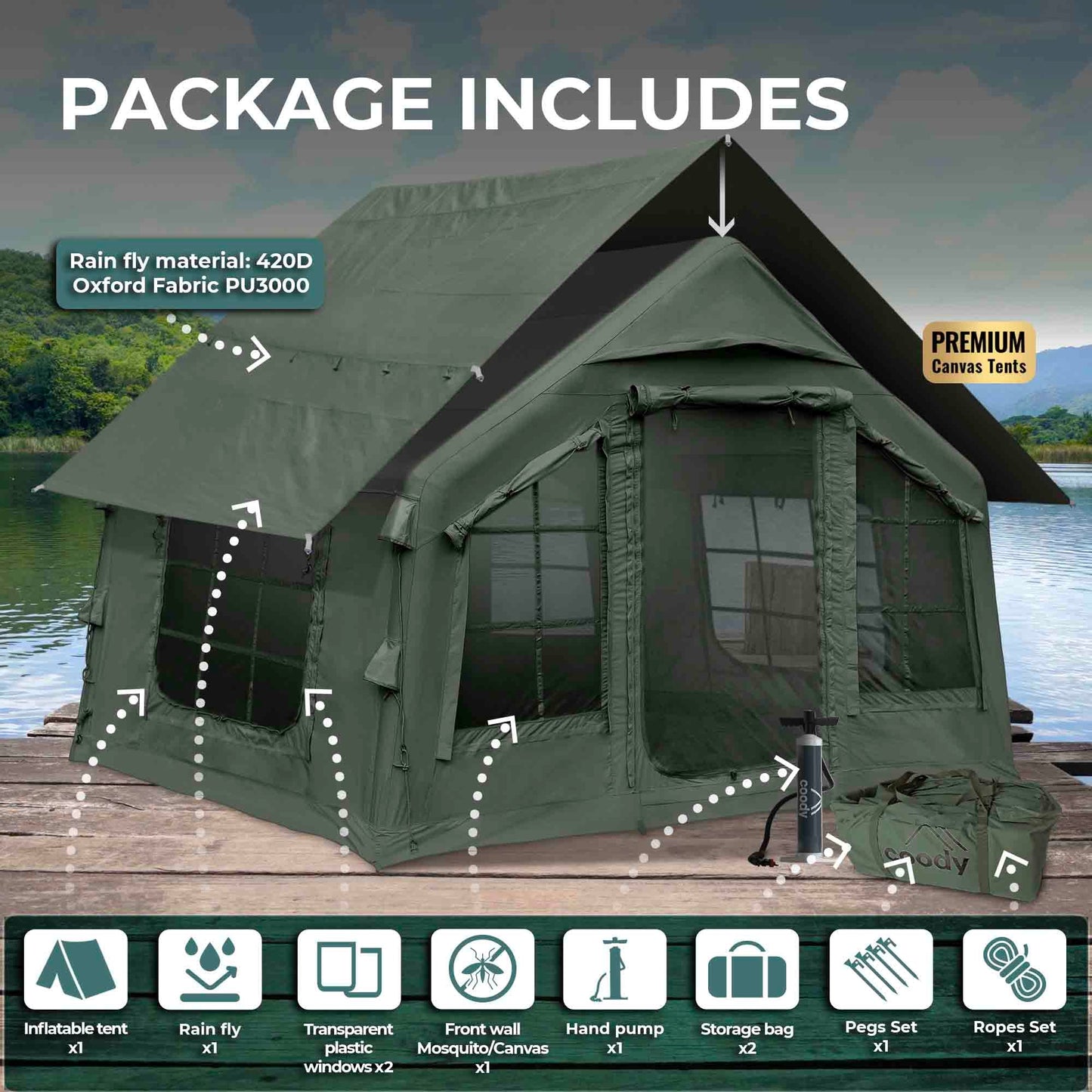 Coody 8 Forest Green - Inflatable Tent House for Camping 1-4 person