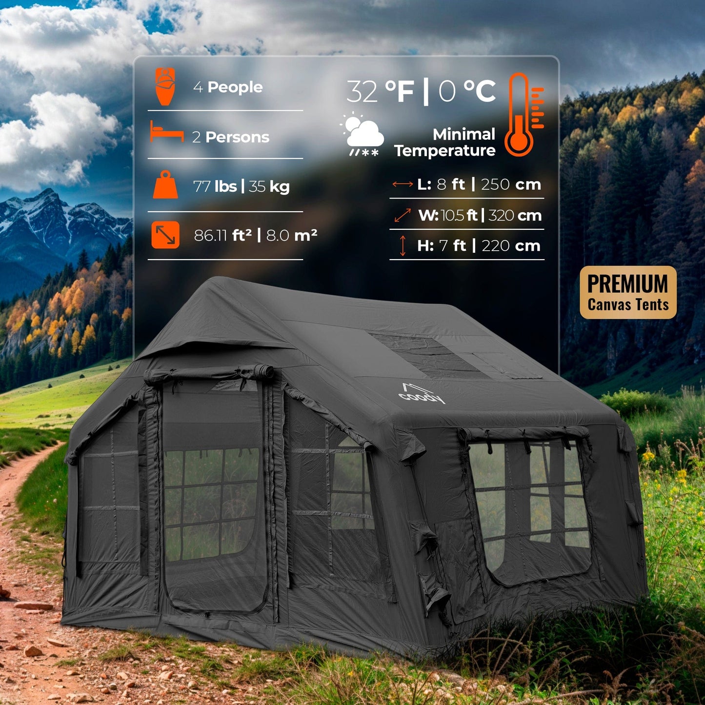 Coody 8 Black - Inflatable Tent House for Camping 1-4 person