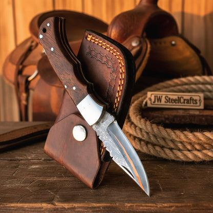 Saddle Ridge Folding Hunter Knife 8" Handmade Damascus Liner Lock