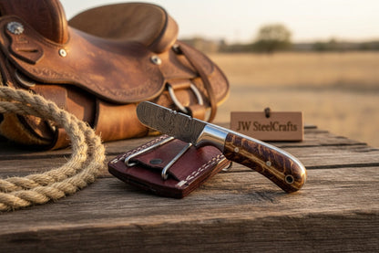 Amber Grain Ranch Drop Point Knife 6" Handmade Damascus Steel Wood Handle