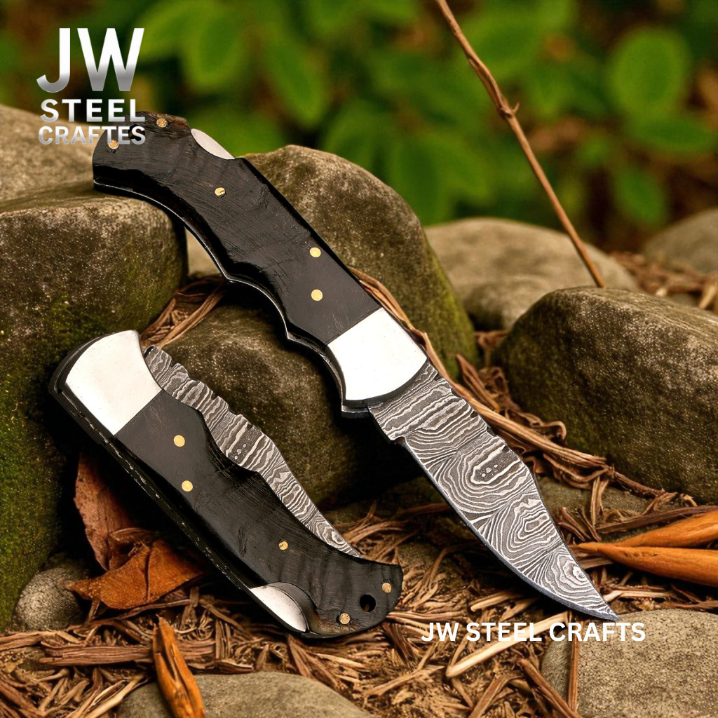 Handmade Damascus Folding Knife with Ram Horn or American Flag Handle