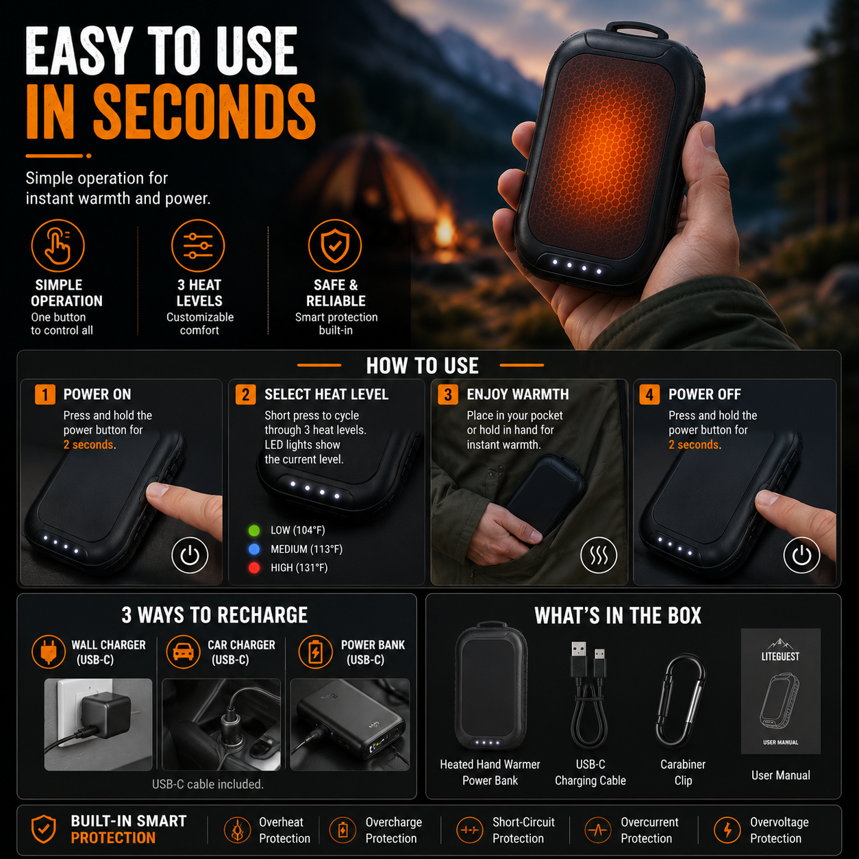 Liteguest Waterproof 2-in-1 Heated Hand Warmer & Power Bank with Light