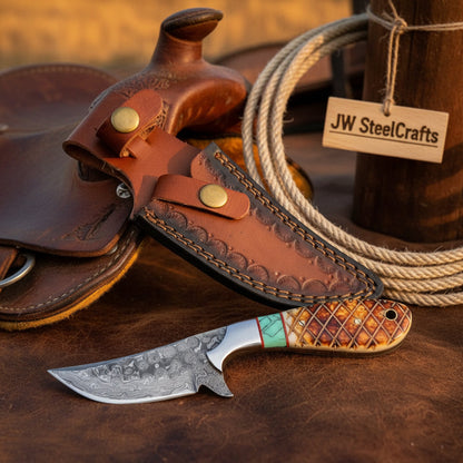 Turquoise Inlay Skinner Knife 9" Handmade Damascus with Turquoise Inlay