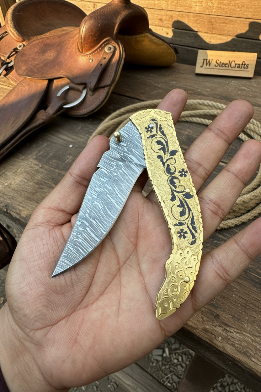 Calligraphy Engraved Brass Folder Knife 10" Handmade Damascus Blade