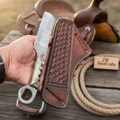 Finger Loop Prairie Bull Cutter 6.5" Handmade rasp Damascus Steel Leather Crossdraw
