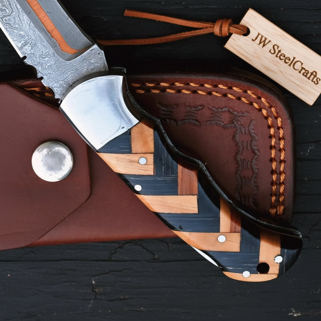 Timberline Trapper Skinner Knife Handmade Damascus Liner Lock wood handle