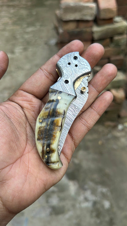 Pearlridge Damascus Folder 7" Handmade Mother of Pearl Lock Back