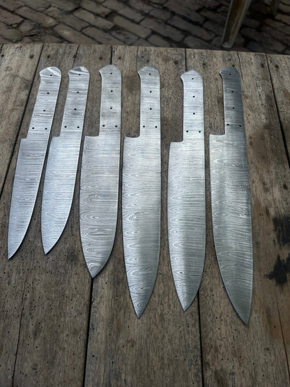 6-Piece Handmade Damascus Chef Knife Blank Set, Forged Steel Blades, Custom Knife Making Supply