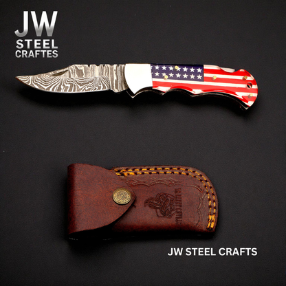 Handmade Damascus Folding Knife with Ram Horn or American Flag Handle