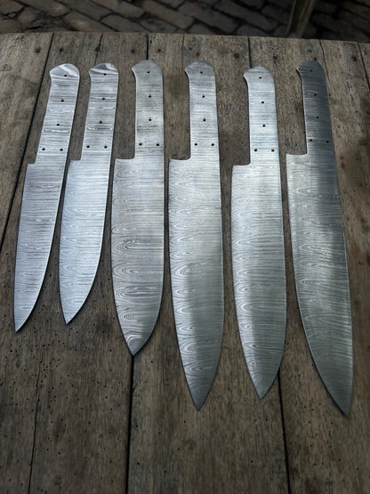 6-Piece Handmade Damascus Chef Knife Blank Set, Forged Steel Blades, Custom Knife Making Supply