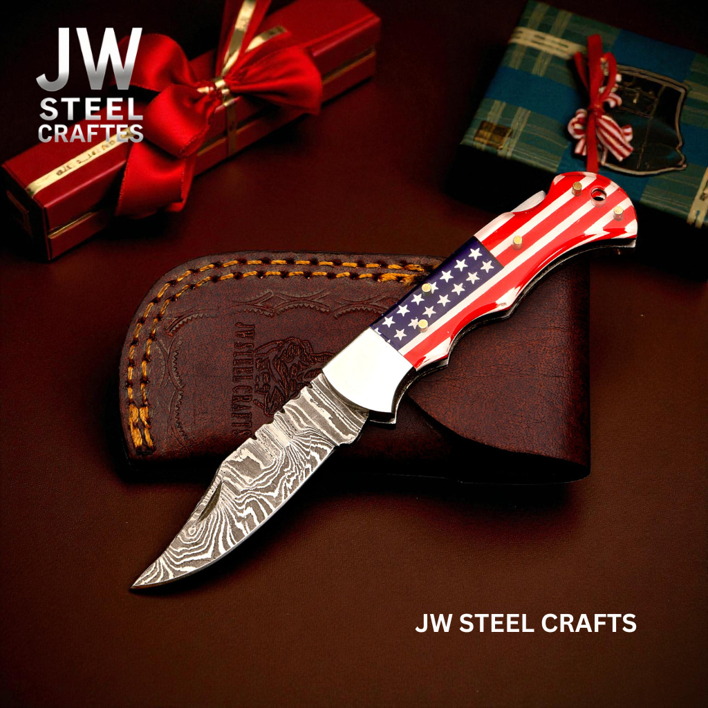 Handmade Damascus Folding Knife with Ram Horn or American Flag Handle