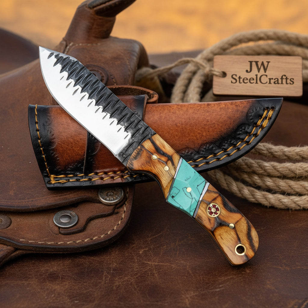 Ridgeback Hammered Tracker Knife 12" Handmade with Serrated Spine