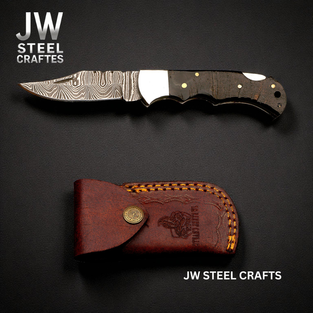 Handmade Damascus Folding Knife with Ram Horn or American Flag Handle