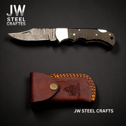 Handmade Damascus Folding Knife with Ram Horn or American Flag Handle