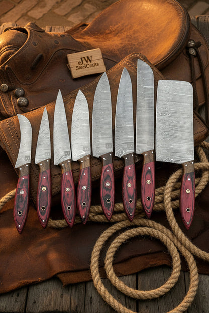 8 Piece Damascus Knife Set with Red Pakka Handles and  Leather Roll