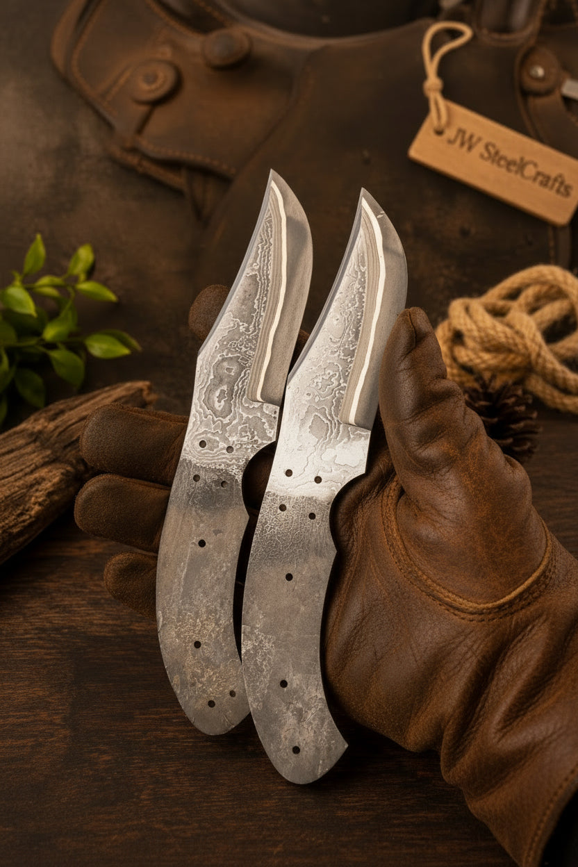 Wrangler's Pair Blade Blanks set of 2 Handmade Matching Damascus