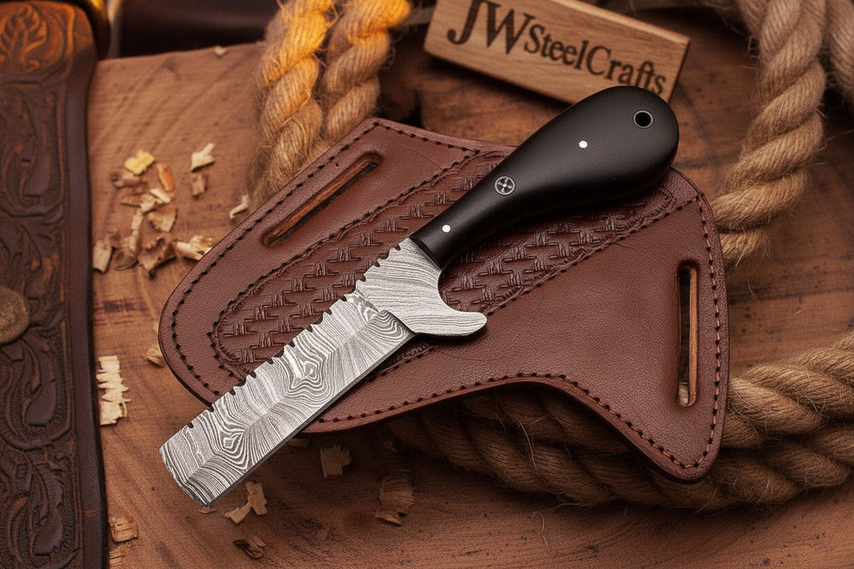 Blackhorn Bull Cutter Knife 7" Handmade Ladder Damascus Black Resin Handle