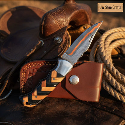 Timberline Trapper Skinner Knife Handmade Damascus Liner Lock wood handle