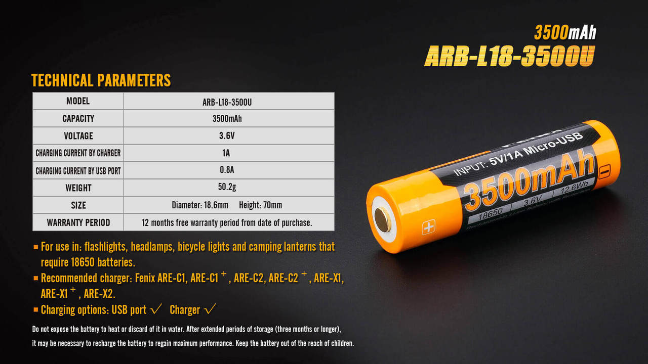 Fenix ARB-L18-3500U USB Rechargeable Li-ion 18650 Battery