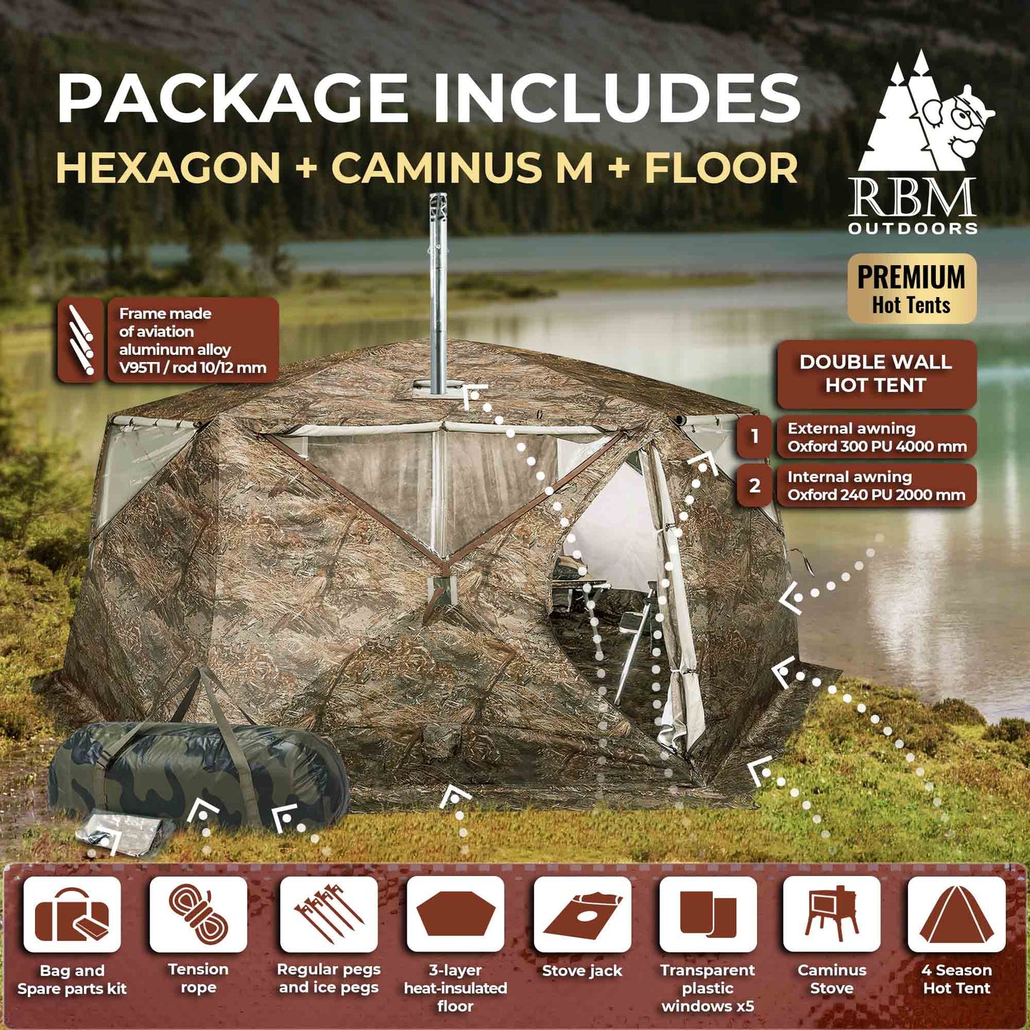 RBM All-Seasons tent  Hexagon for 2-9 person + Wood Stove Caminus M + Three-Layer Floor