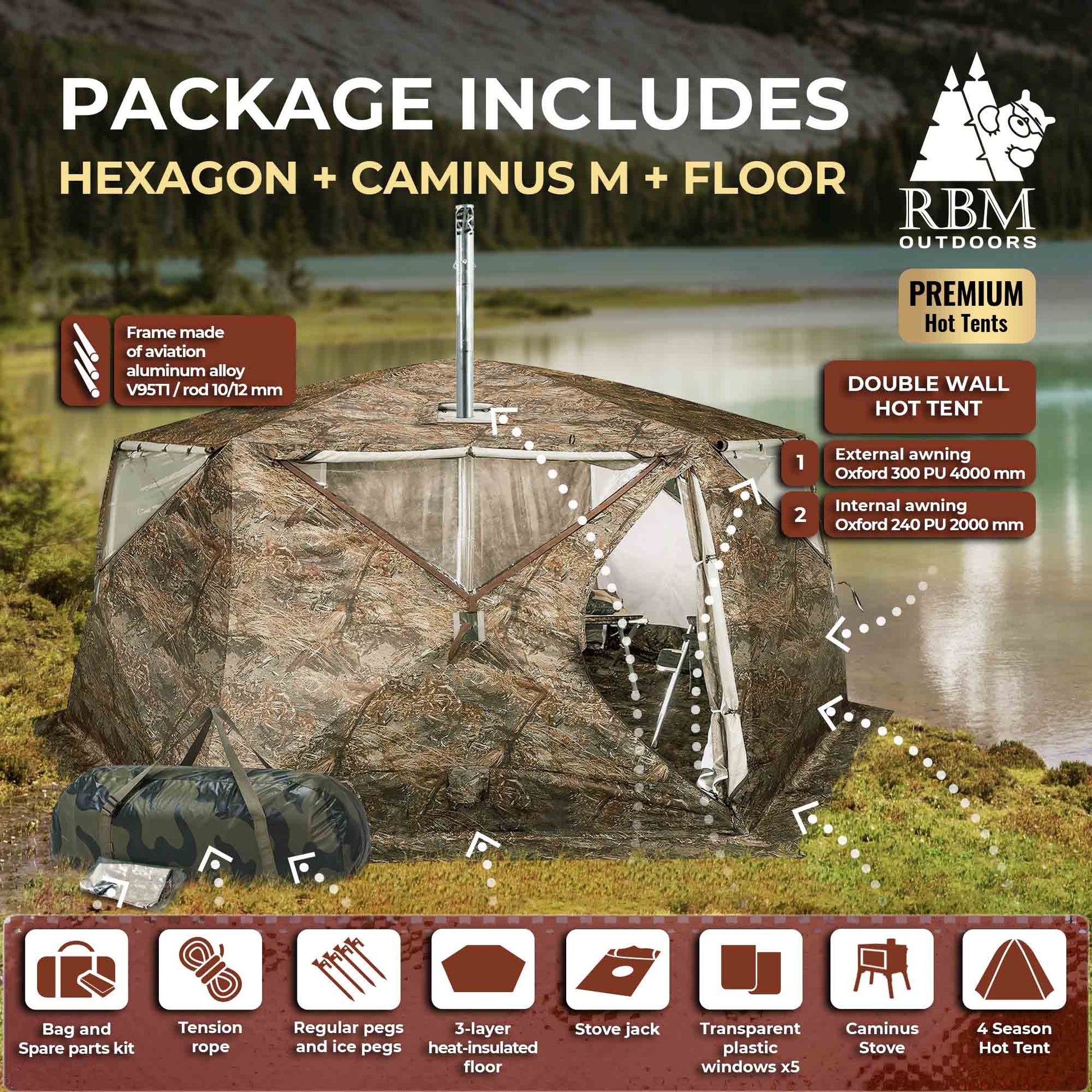 RBM All-Seasons tent Hexagon for 2-9 person + Wood Stove Caminus M – Live More Outside
