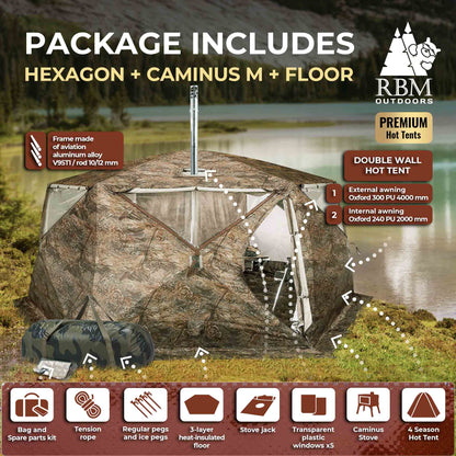 RBM All-Seasons tent  Hexagon for 2-9 person + Wood Stove Caminus M