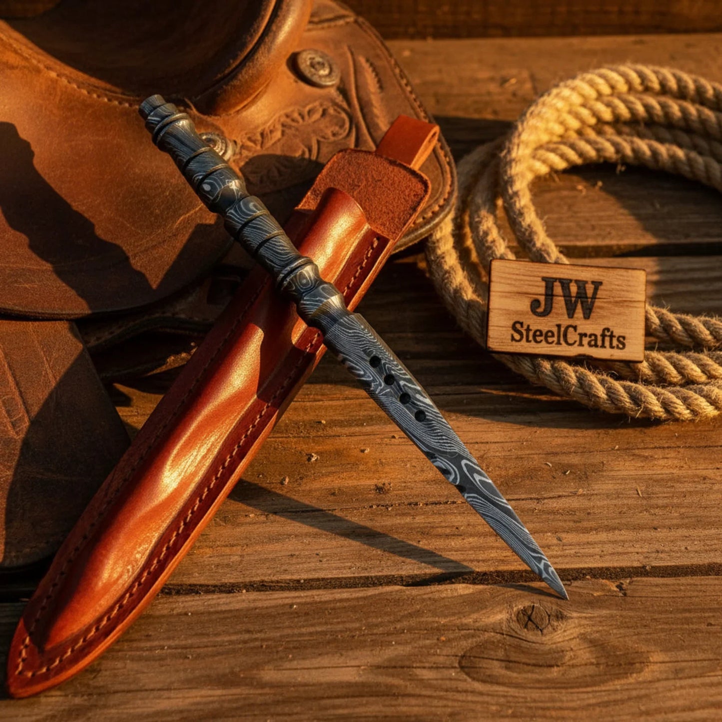 Damascus Steel Marlin Spike with Twin Rigging Holes