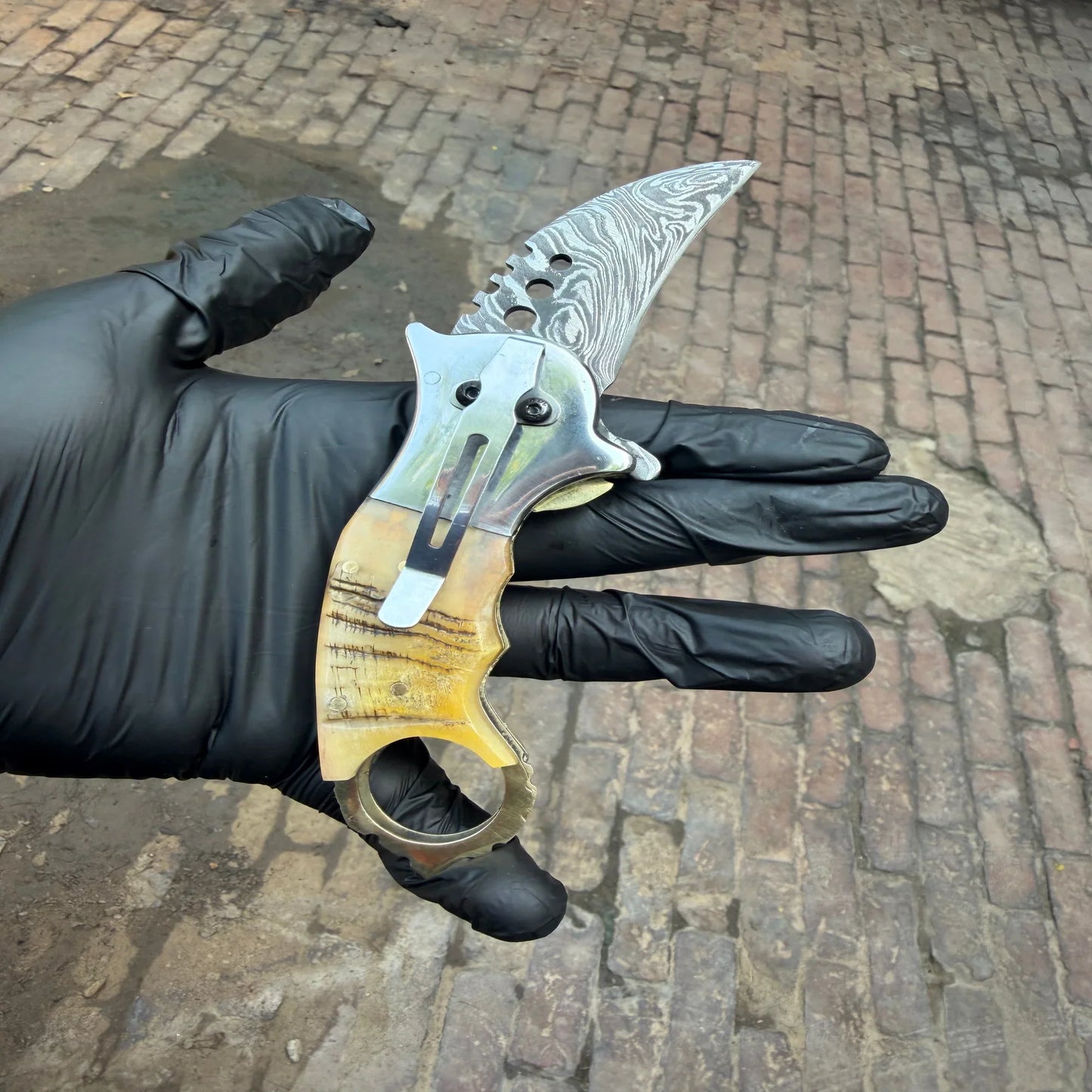 Wolf Claw Damascus Folding Karambit with Engraved Wolf Bolster&nbsp;