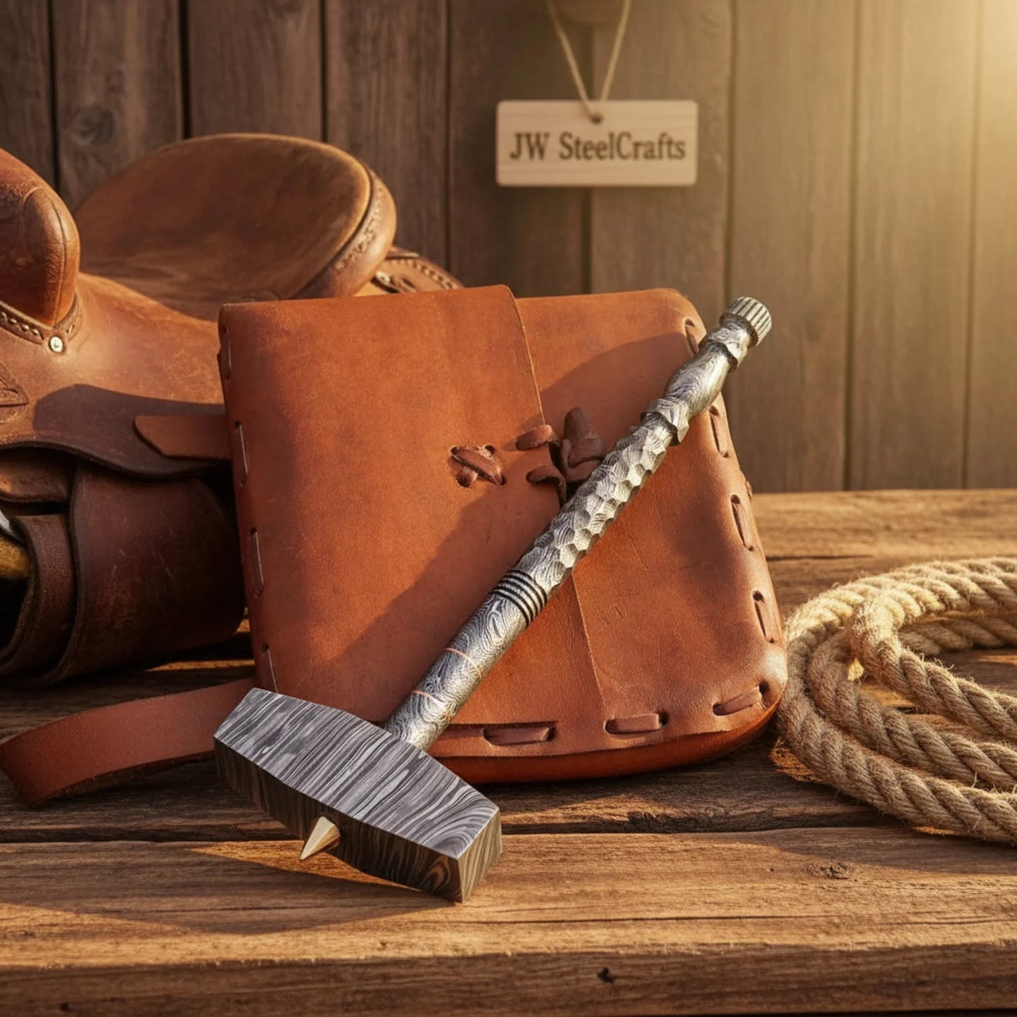 Damascus Steel forged Gavel with One Piece Handle and Copper Ring Accent