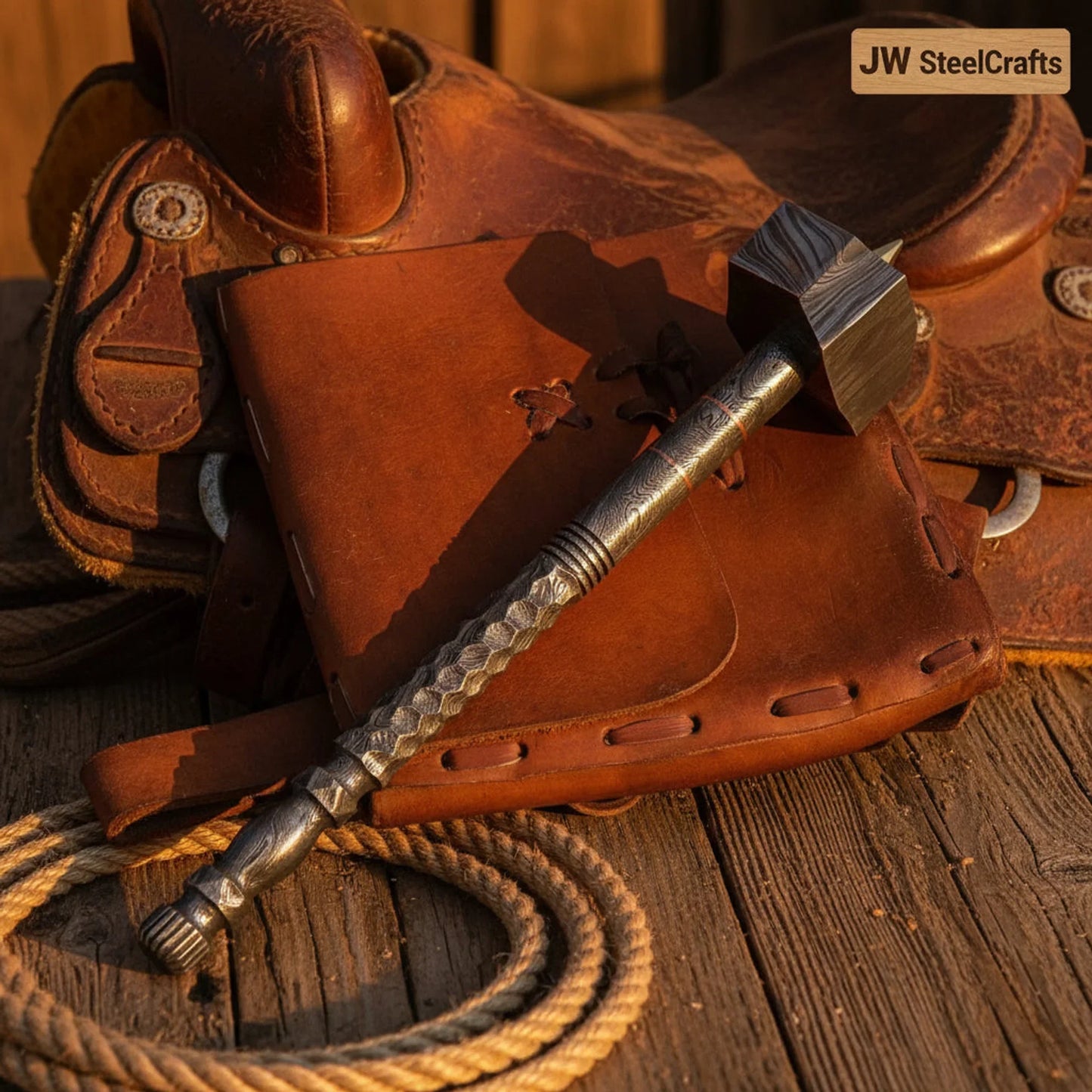 Damascus Steel forged Gavel with One Piece Handle and Copper Ring Accent
