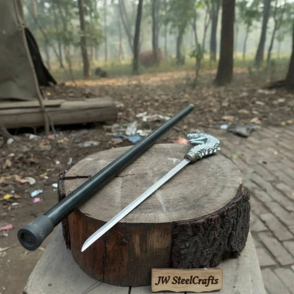 Handmade Cobra Head Sword Cane with Polished Steel Blade and Black Walking Shaft for Collection and Display