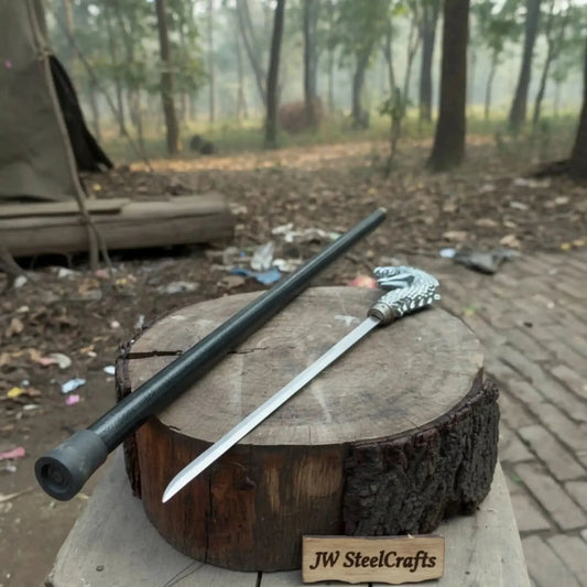 Handmade Cobra Head Sword Cane with Polished Steel Blade and Black Walking Shaft for Collection and Display